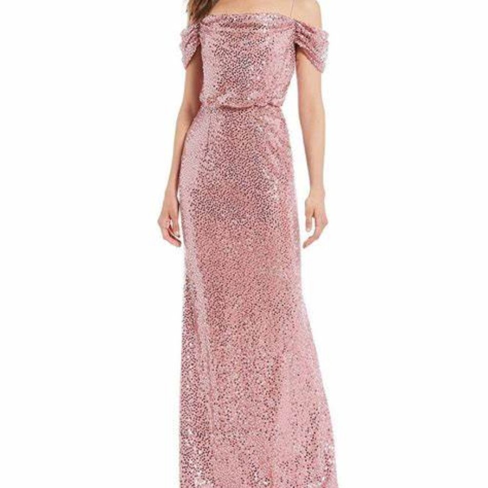 ADRIANNA PAPELL long gown SEQUIN evening OFF SHOULDER blouson ROSE 16